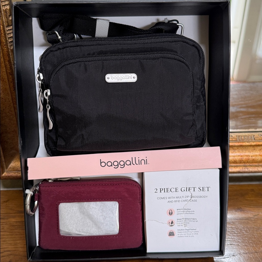 Baggallini 2 piece Crossbody bag & RFID card case. Triple zip. Black & Burgandy